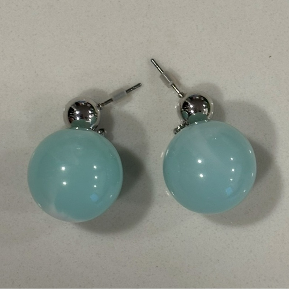 Blue Aqua Marble Ball Earrings Drop Earring Silver Aqua/White Marbling
